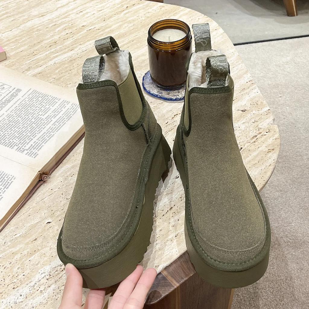 Fashion Platform Ankle Boots Woman Winter Fur Chelsea Luxury Designer Shoes Ladies Flat Heel Warm Casual Elegant Plush Snow Booties
