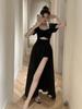 French Hollow Out Short Sleeve Black Maxi Dress Women Vintage Warm Square Collar A Line Dresses Female Summer Chic Vented Party Clothes Lady
