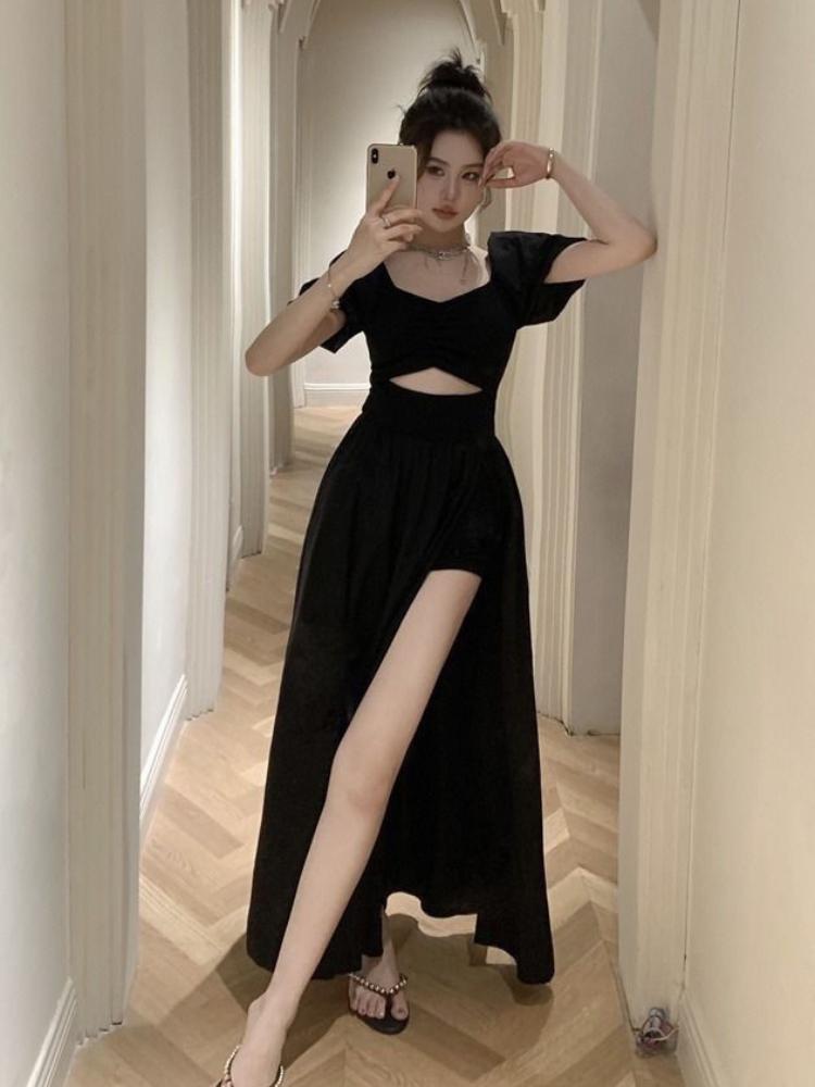 French Hollow Out Short Sleeve Black Maxi Dress Women Vintage Warm Square Collar A Line Dresses Female Summer Chic Vented Party Clothes Lady