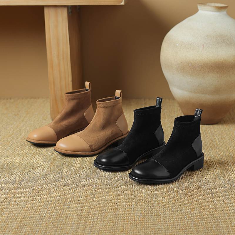 Krazing Pot Flock Autumn Winter Shoes Low Heels Size 43 Stretch Boots Back Patch Work Street Wear Elastic Ankle Boots
