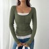 Women's Fashionable Round Neck Patchwork Lace Button Slim Fit Long Sleeved Pullover Top