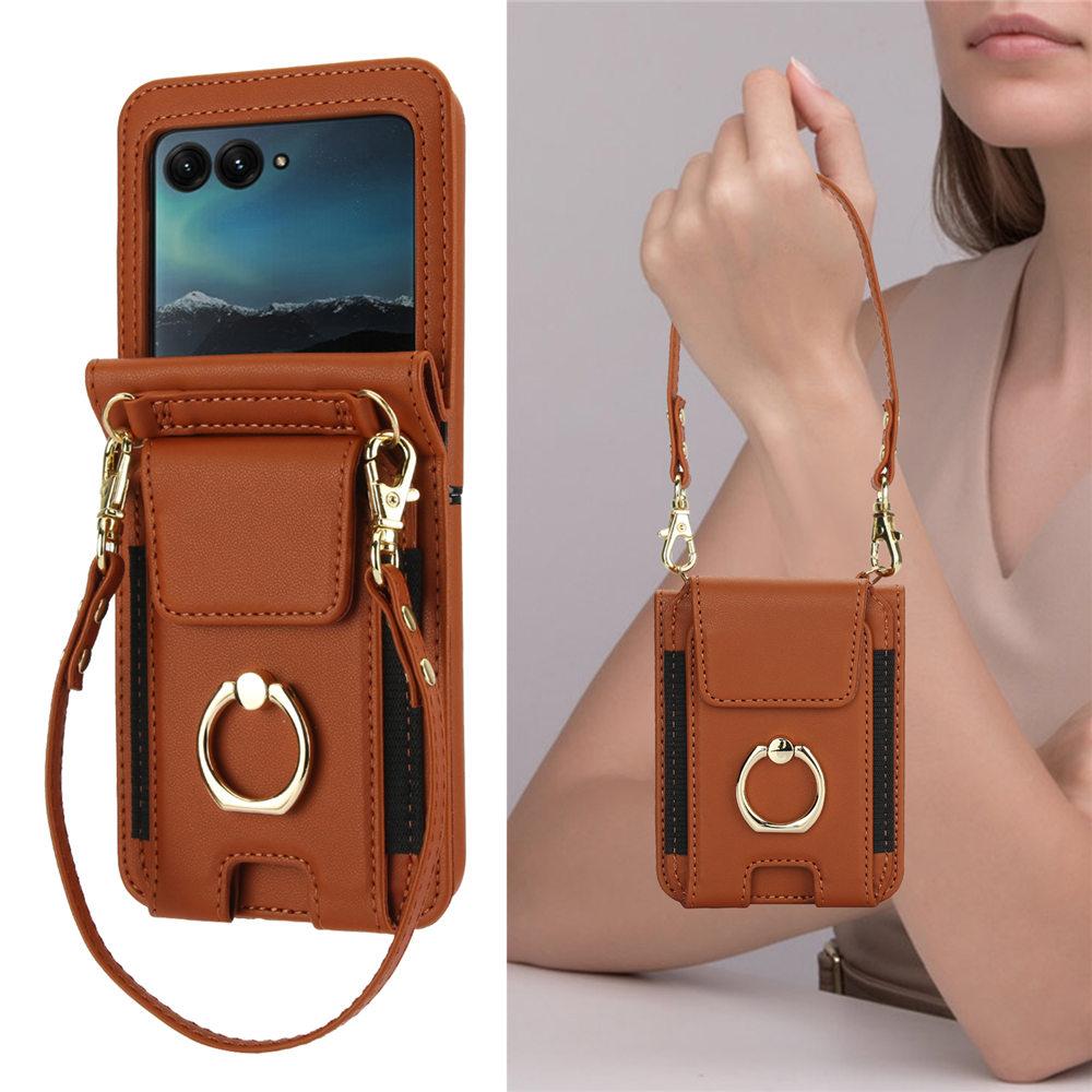 Ring Holder Bracelet Cards Slot Crossbody Leather Case For Motorola MOTO Razr 40 40Ultra 50 50Ultra Long Lanyard Wallet Cover