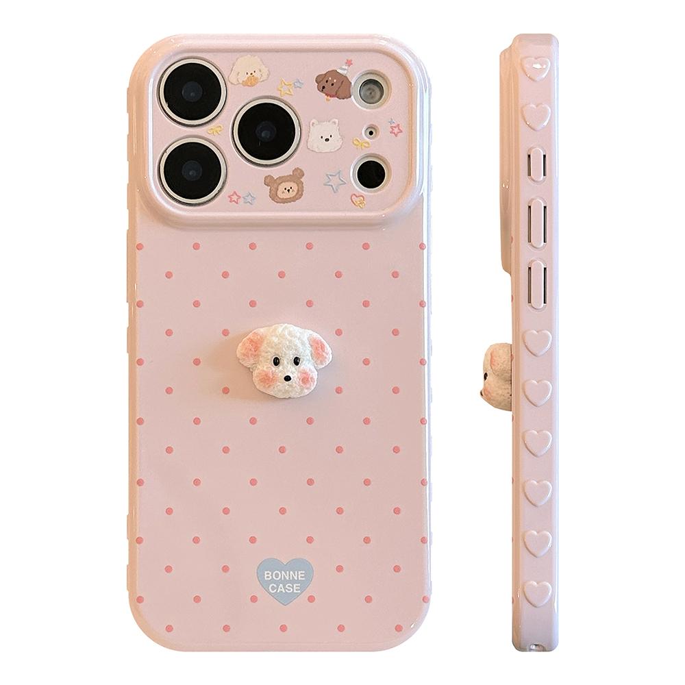 3D Cartoon Puppy Korean Polka Dots Soft Phone Cases for iPhone 17promax 17pro 17 16 15 14 13 Pro Max Shockproof Protective Cover