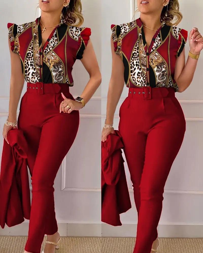 Floral Lotus Leaf Sleeve Top Solid Pants Set Women Casual 2 Piece Outfit with Belt