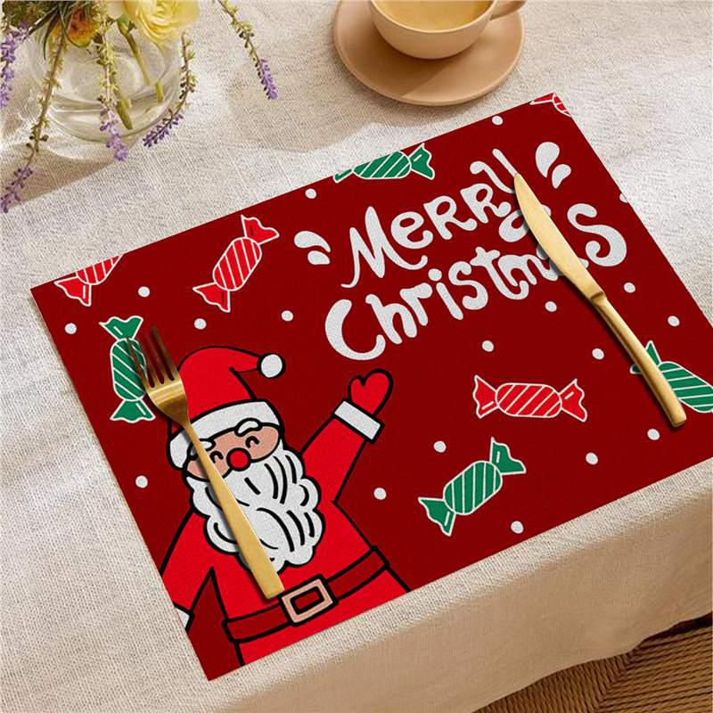 Nordic Christmas Santa Elk Linen Placemat Square, Festive Restaurant Table Decoration
