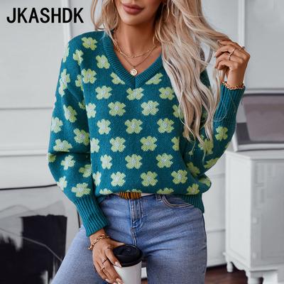 Mode för kvinnor, Casual, Höst, Vinter, Blommönster Tryck, Långärmad, V-ringning, Tröjor