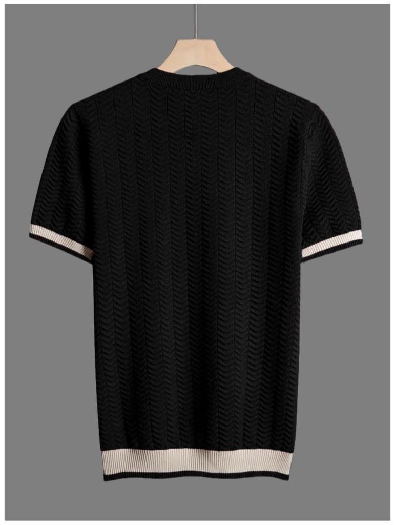 Italian Color-Block Men's Knit: Breathable Jacquard Texture, Loose Fit, Contrast Color, Round Neck, Short Sleeve.