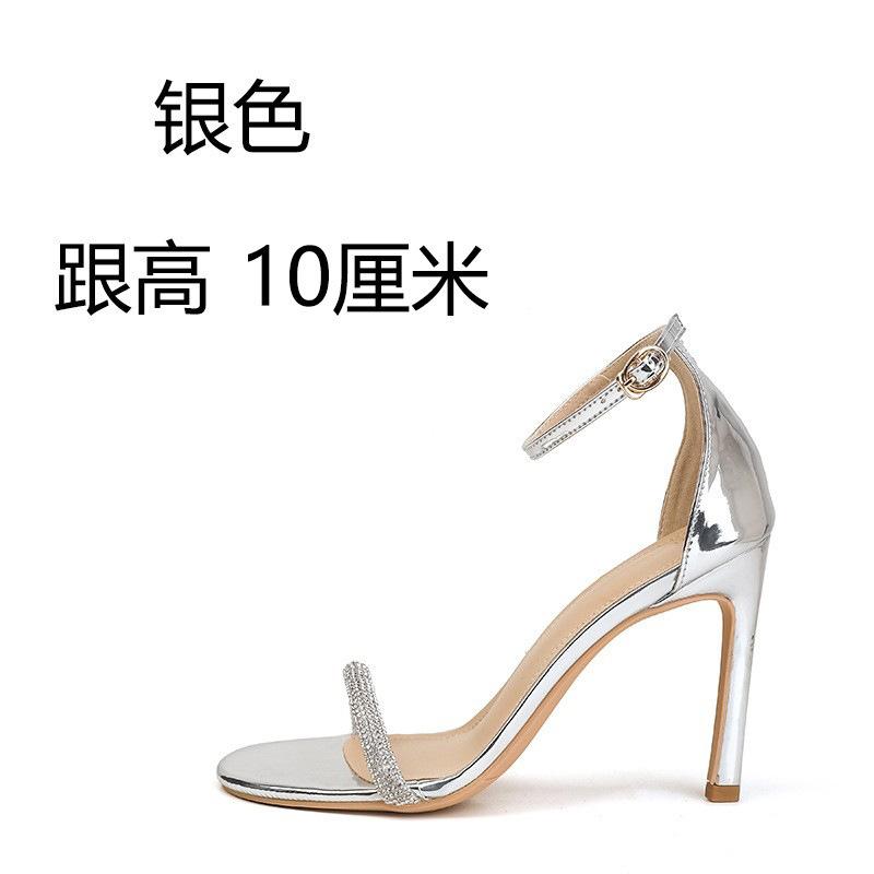 

SW black rhinestone summer 2025 new rhinestone one-word strap sandals stiletto open-toed versatile high heels women 40