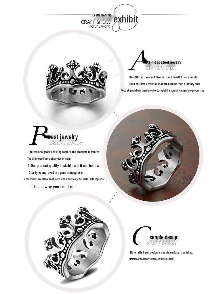 European American Stainless Steel Crown Ring Band - Titanium King Jewelry