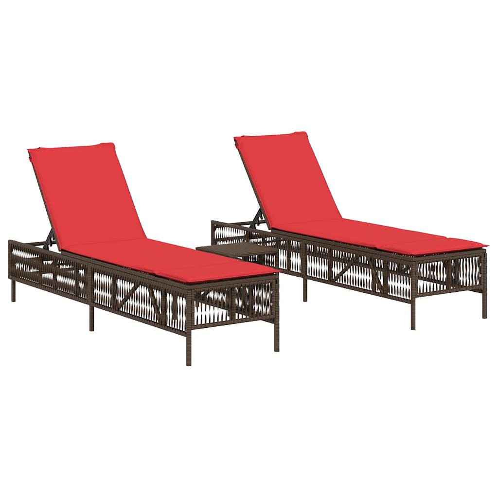 2 Piece Sun Lounger Set with Table Brown Poly Rattan