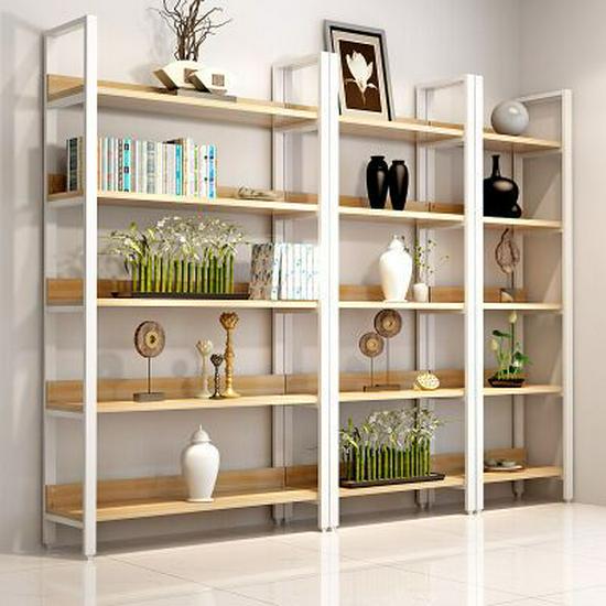 Modern Steel and Wood Multi-Layer Storage Rack for Living Room Display