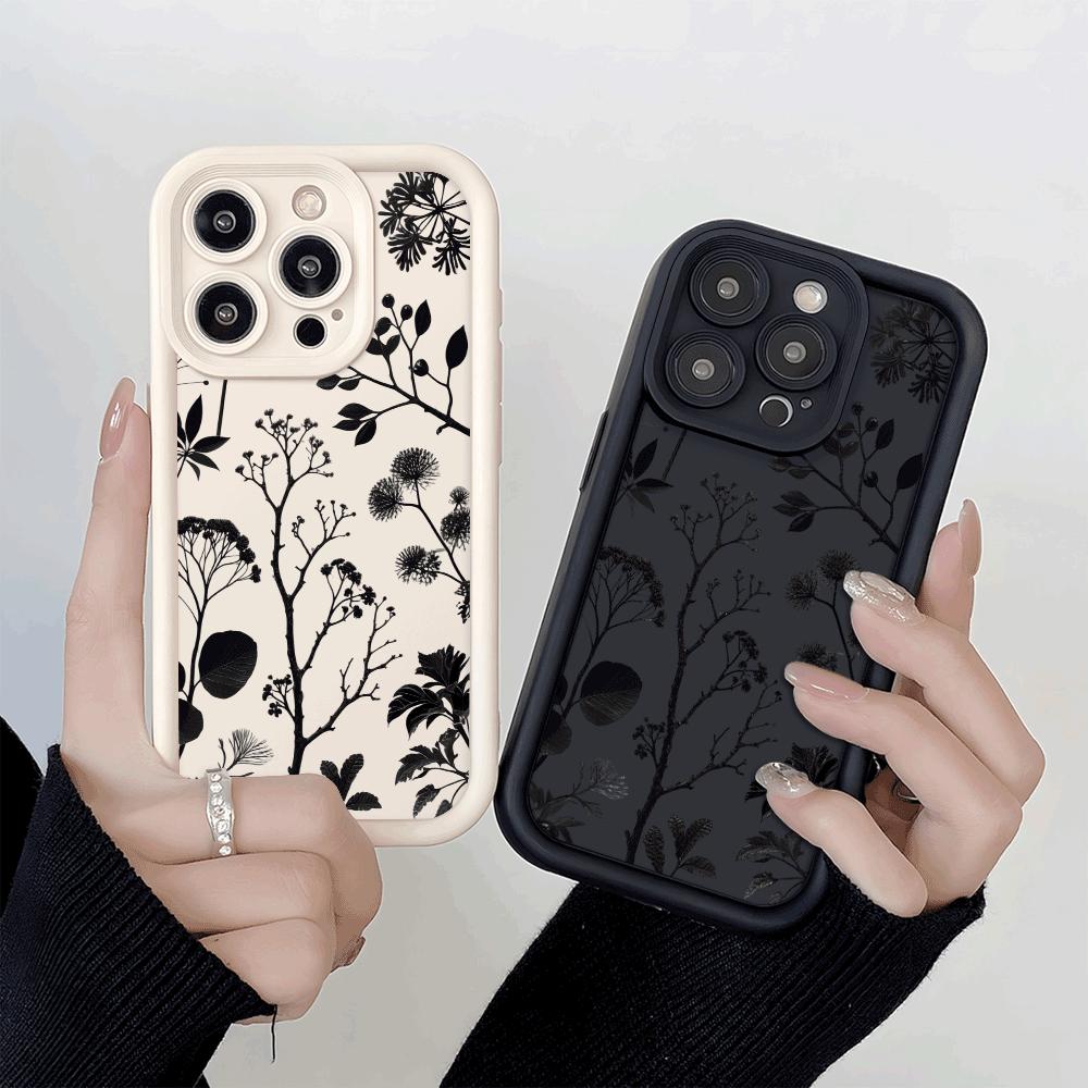 Black Plant Silhouette Pattern Phone Case for IPhone 14 15 16 Plus 13 12 11 16 Pro Max 12 Mini XS Max Anti-Scratch Soft Cover