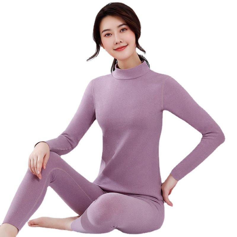 Damen Thermo-Samt-Unterwäsche-Set mit mittelhohem Kragen, doppelseitigem deutschem Samt, beinhaltet Oberteil und Hose, Stil 607.