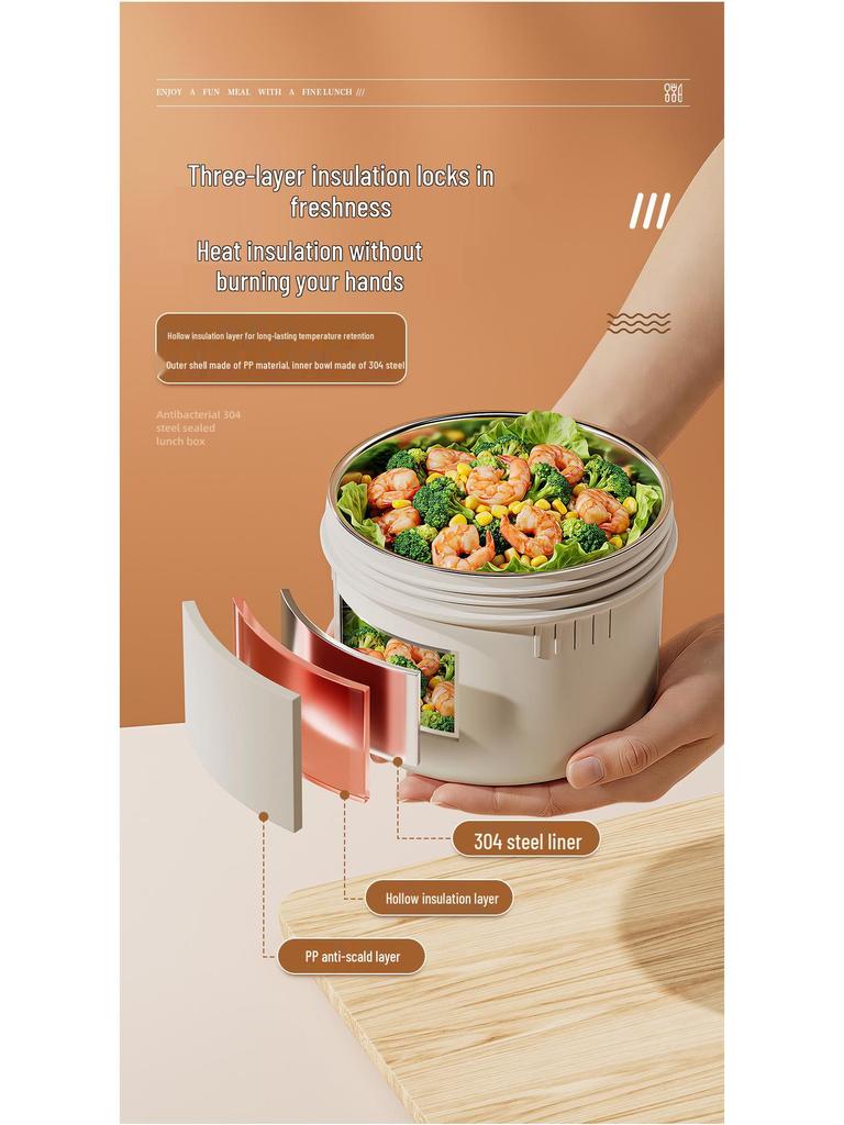 304 Stainless Steel Insulated Japanese-Style Bento Lunch Box - Microwaveable for Office Workers and Students