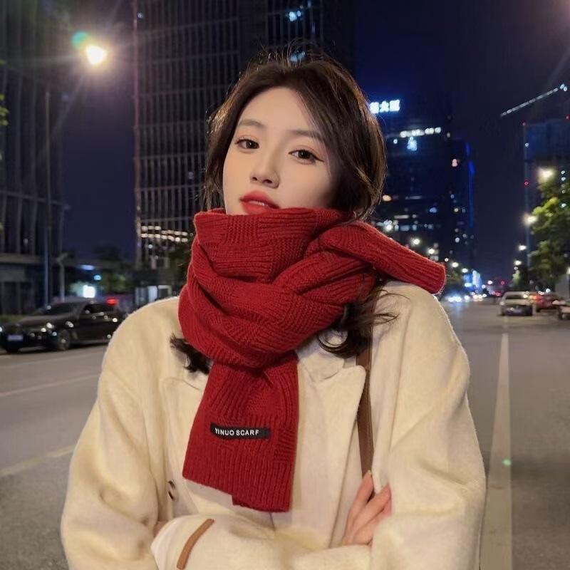 Women's 2024 High-End Wool Knit Winter Scarf: Warm, Versatile, Thick, Solid Color Neck Gaiter for Couples and Students