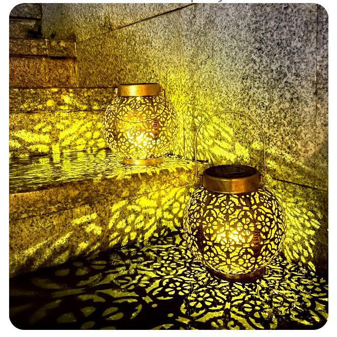 Projection Light New Solar Wrought Iron Lantern Hollow Outdoor Courtyard Landscape Garden Hanging Light Decorative Pendant