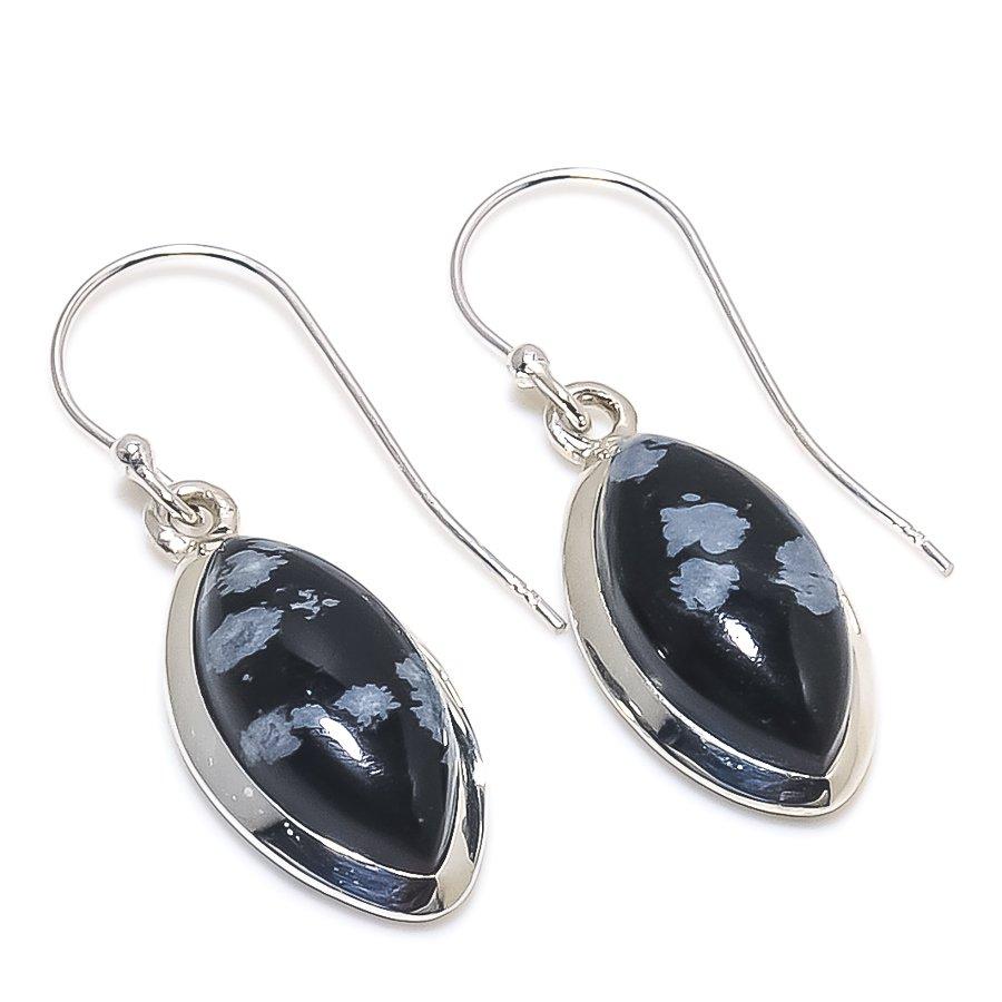 Přírodní sněhová vločka obsidiánový drahokam 925 masivní náušnice ze sterlingového stříbra 1,50" g5P64