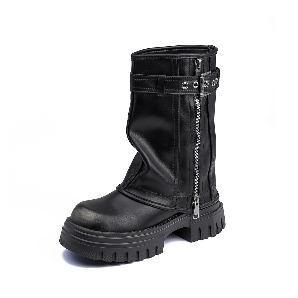 Internet celebrity tube boots British style thick-soled Martin boots small man heightened thick heel leather boots thin motorcycle boots