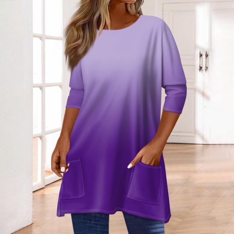 Women 3/4 Sleeve Round Neck T Shirt Casual Print Blouse Pullover Tops with Pocket Mid Length