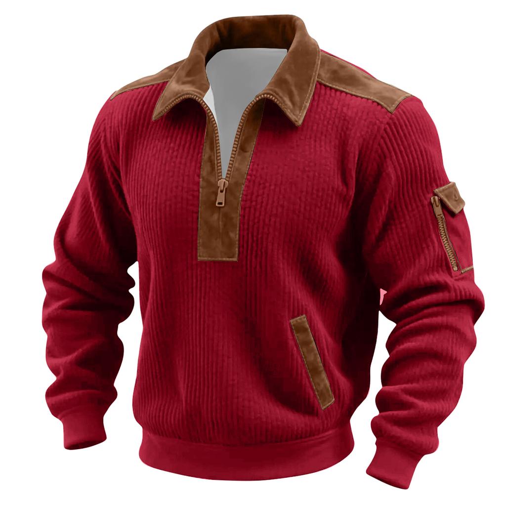Men's Solid Color Corduroy Zipper Neck Long Sleeve Top Men's Casual Lapel Top