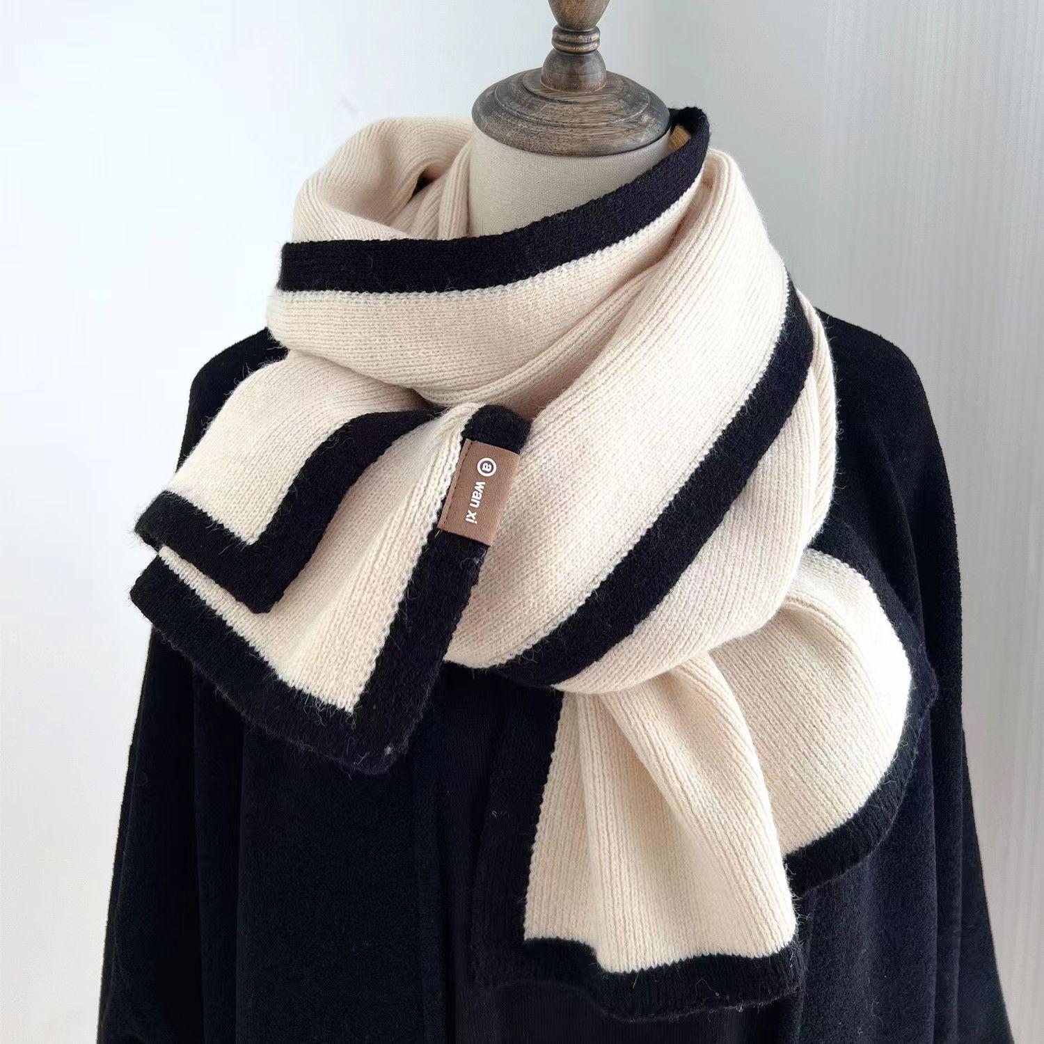 

Black and White Color-Blocked Scarf Winter High-End Border Knitted Wool Niche Design Versatile Unisex Neck Warmer белый
