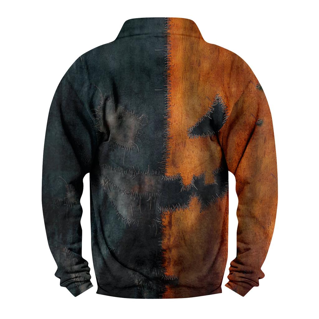Men's Casual Fashion Christmas Printed Hoodless Sweatshirt Wide Men's Loose Button Stand Collar Hooded Sweatshirt