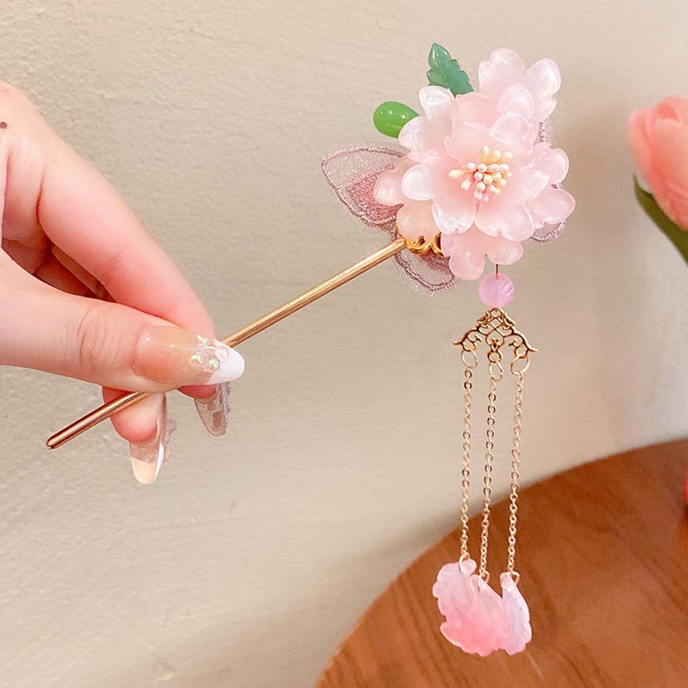 Ancient Style Peach Blossom Hairpin Vintage Pendant Hair Stick Sweet Antique Fringe Hairpin  Girls