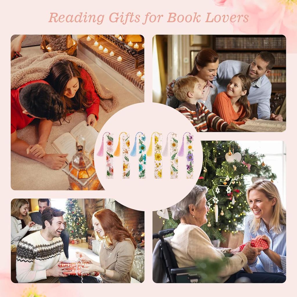 Leezmark 6 Pcs Resin Dried Flower Bookmarks, Transparent Dried Floral Bookmark Cute Pressed Flower Bookmark with Tassels, Gifts for Readers, Page