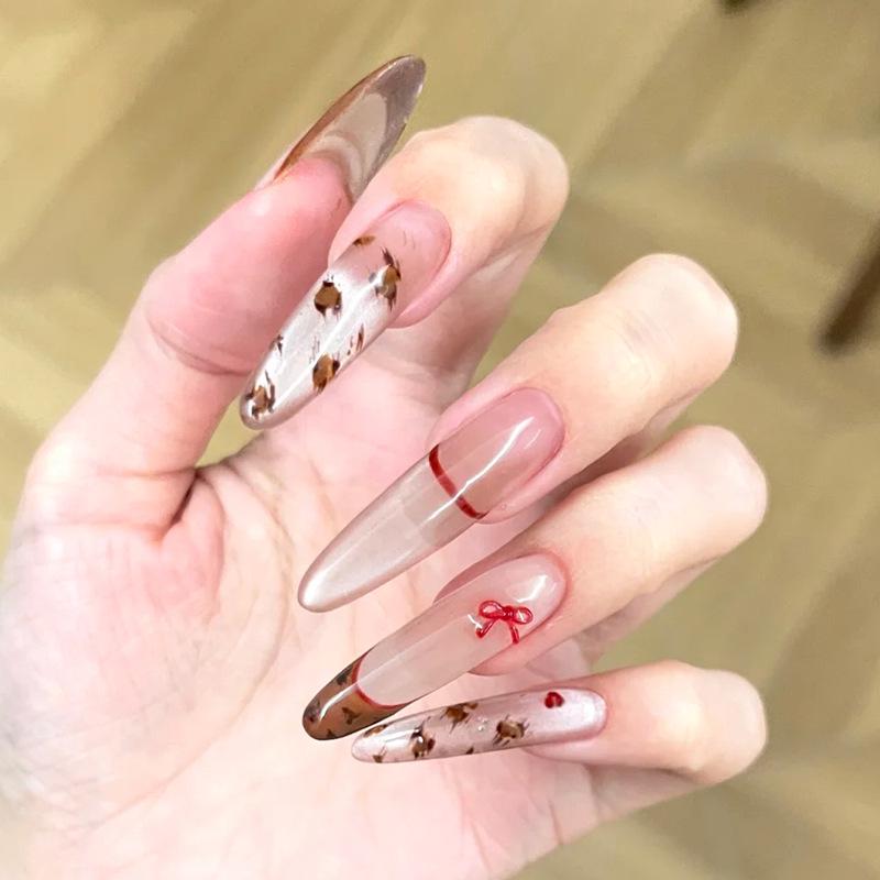 

Douyin Trendy Removable Wearable Nails: French Leopard Bowknot Design Prefabricated Nails #30 Pieces/Board