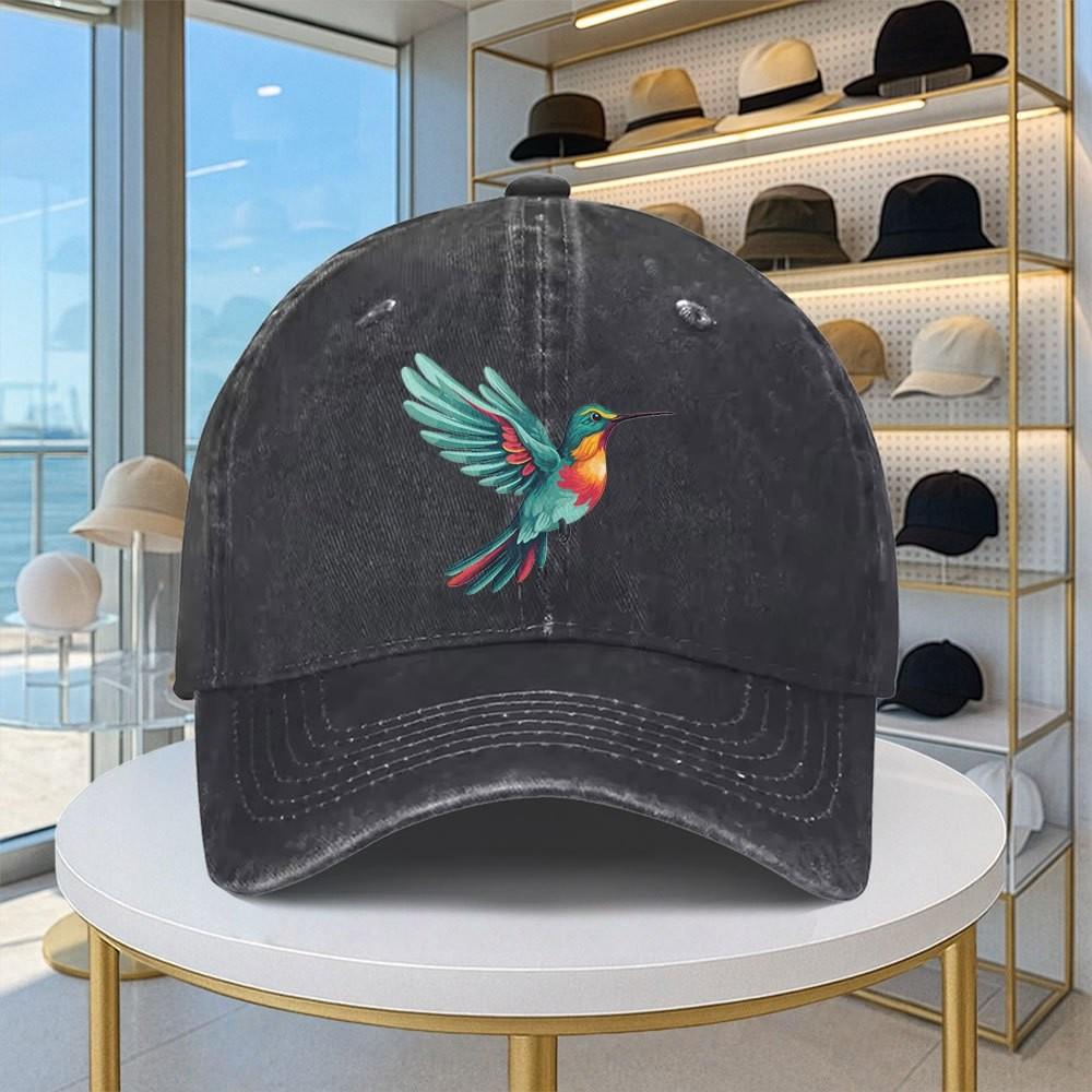 Hummingbird Print Washed Baseball Cap Adjustable Cotton Vintage Distressed Duckbill Hat Casual