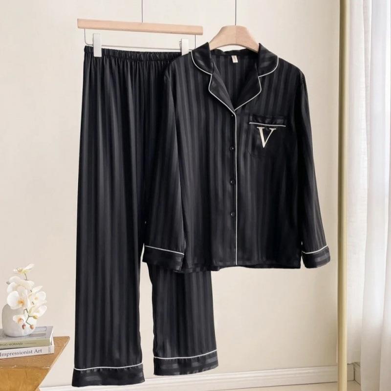 Pajamas women's spring and autumn sweet striped light luxury ice silk long-sleeved trousers can be worn outside high-end loungewear suit
