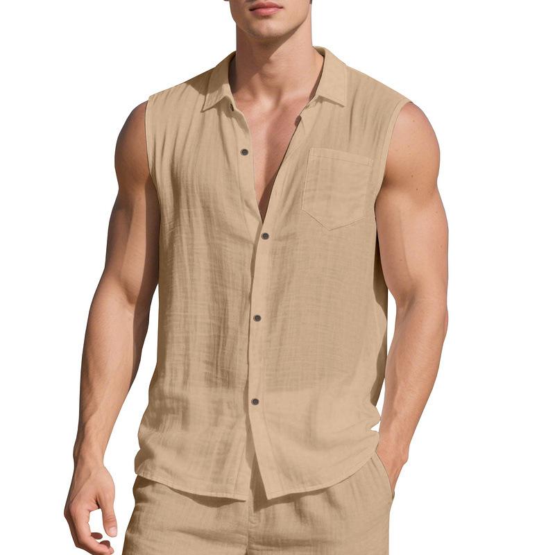 New linen solid color shirt men's summer sleeveless loose casual lapel vest