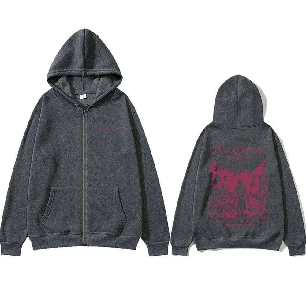 Game Bloodborne Fear The Old Blood Graphic Zipper Hoodie Horror Hunter Zip Up Jacket Men Women Vintage Oversized Zip Up Hoodies