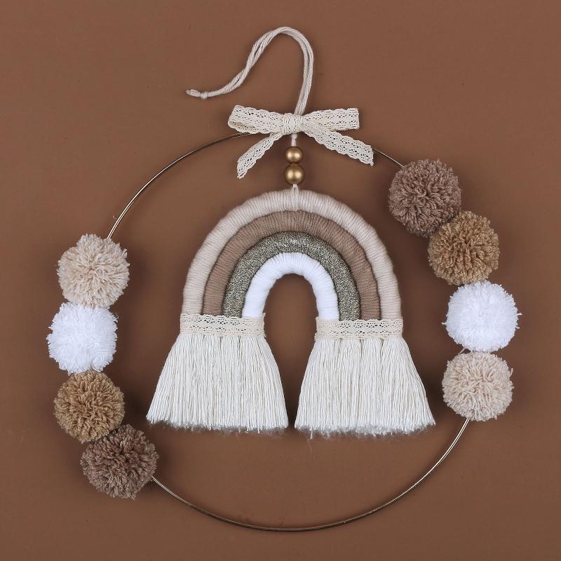 Nordic Macrame Rainbow Wall Decor for Bedroom Nursery Baby Kids Room Round Metal Tapestry Rope Woven Tassel Wall Hanging