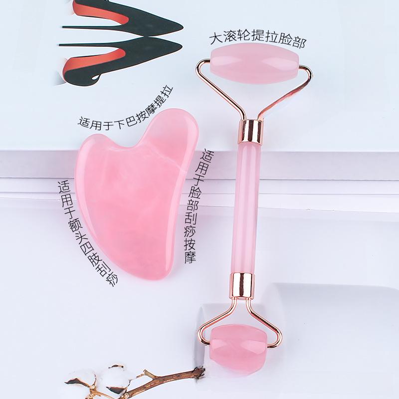 Pink Resin Facial Massage Set: Roller, Scraping Board & Tendon Stick