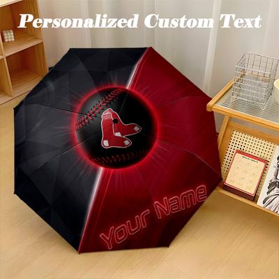Boston Red Sox Automatic 8‑ribs Umbrella, Custom Name Text Personalized Folding Umbrella Rain Sun Gift