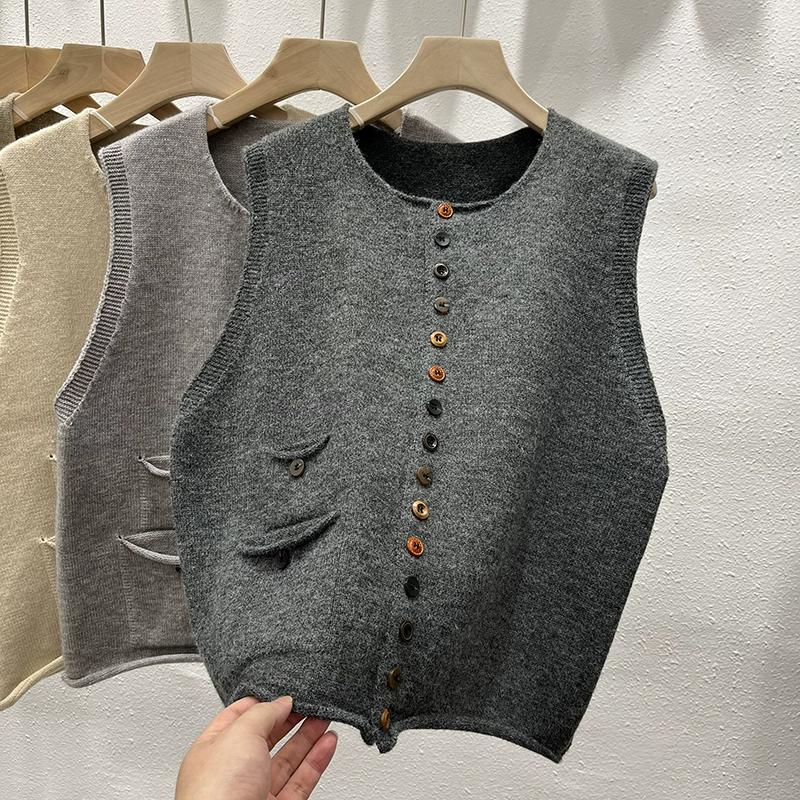 Dimanaf 2025 Høst Dame Knapper Ermeløs Vest Gensere Stil Løs Strikk Casual Genser