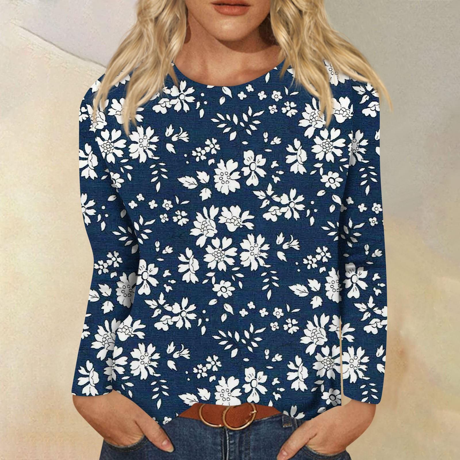 

Женский модный повседневный пуловер с круглым вырезом и длинным рукавом с цветочным принтом XL тёмно-синий