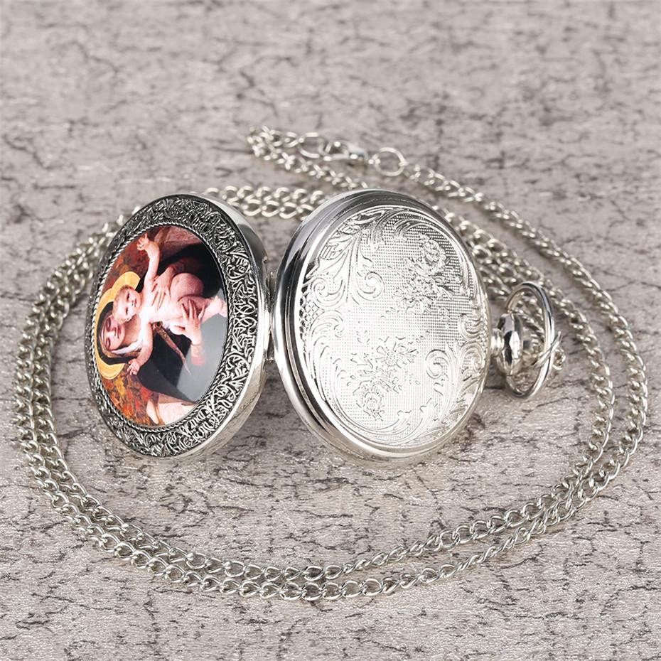 Antique Virgin Mary Jesus Theme Quartz Pocket Watch Necklace Clock Men Women Souvenir Pendant Gifts