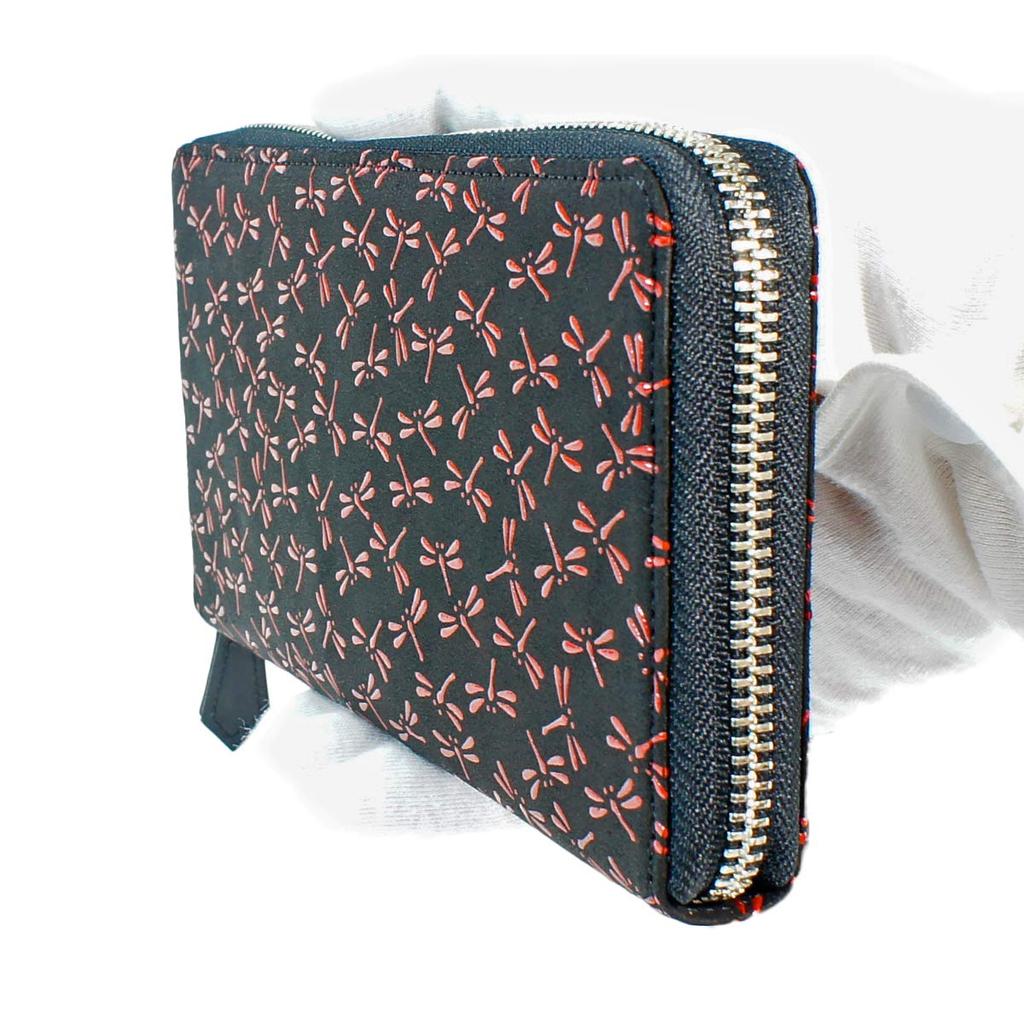 Inden Long Round Deerskin Black with Red Dragonfly Inden-ya Wallet, Wallet, Y-Shaped, Zipper, Leather, Lacquer, Pattern, 2111-21-008