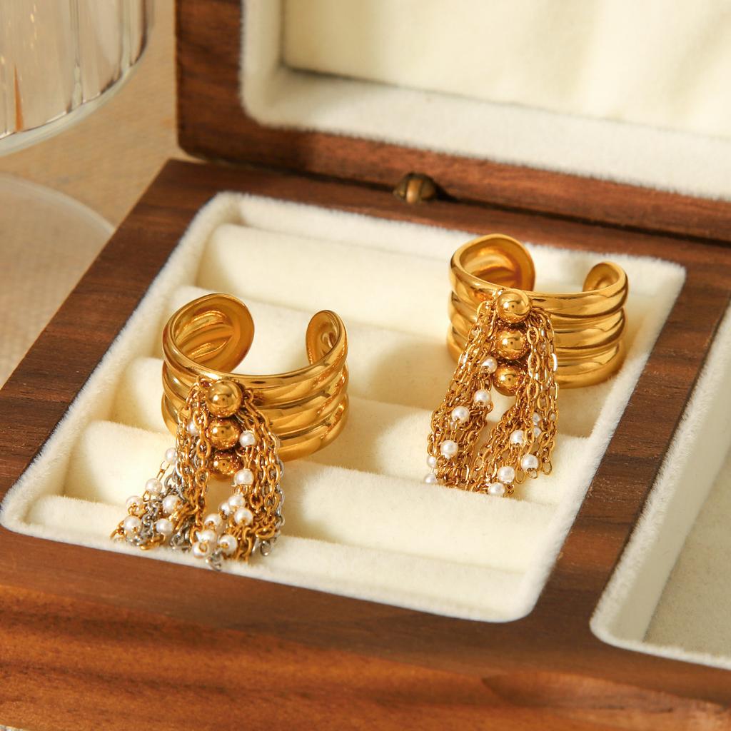 Euro-American Style Titanium Steel Ring 18K Gold Stainless Steel Pearl Chain Tassel Open Ring for Women