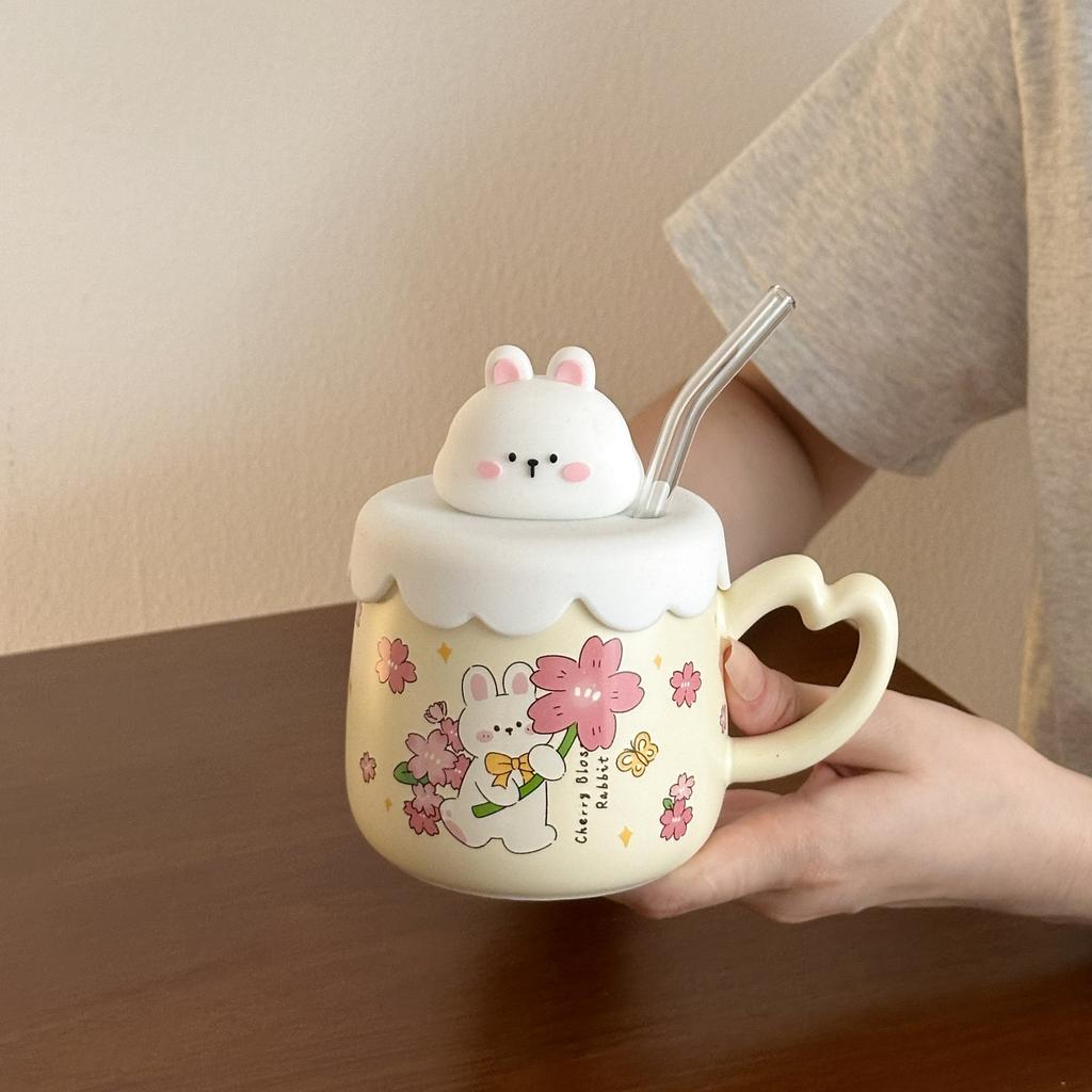Rabbit Straw Mug with Lid Fairy Cup Cute Office Home Bestie Ceramic Water Cup Birthday Gift
