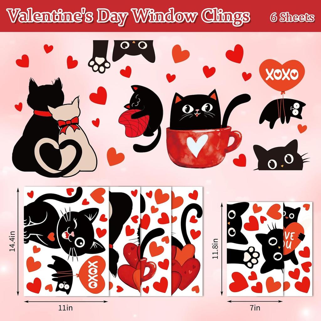 Whaline 6 Sheets Valentine' s Day Window Clings Window Decal Black Cat Red Love Heart Reble Anti-Collision Windows Decor for Wedding Anniversary Home