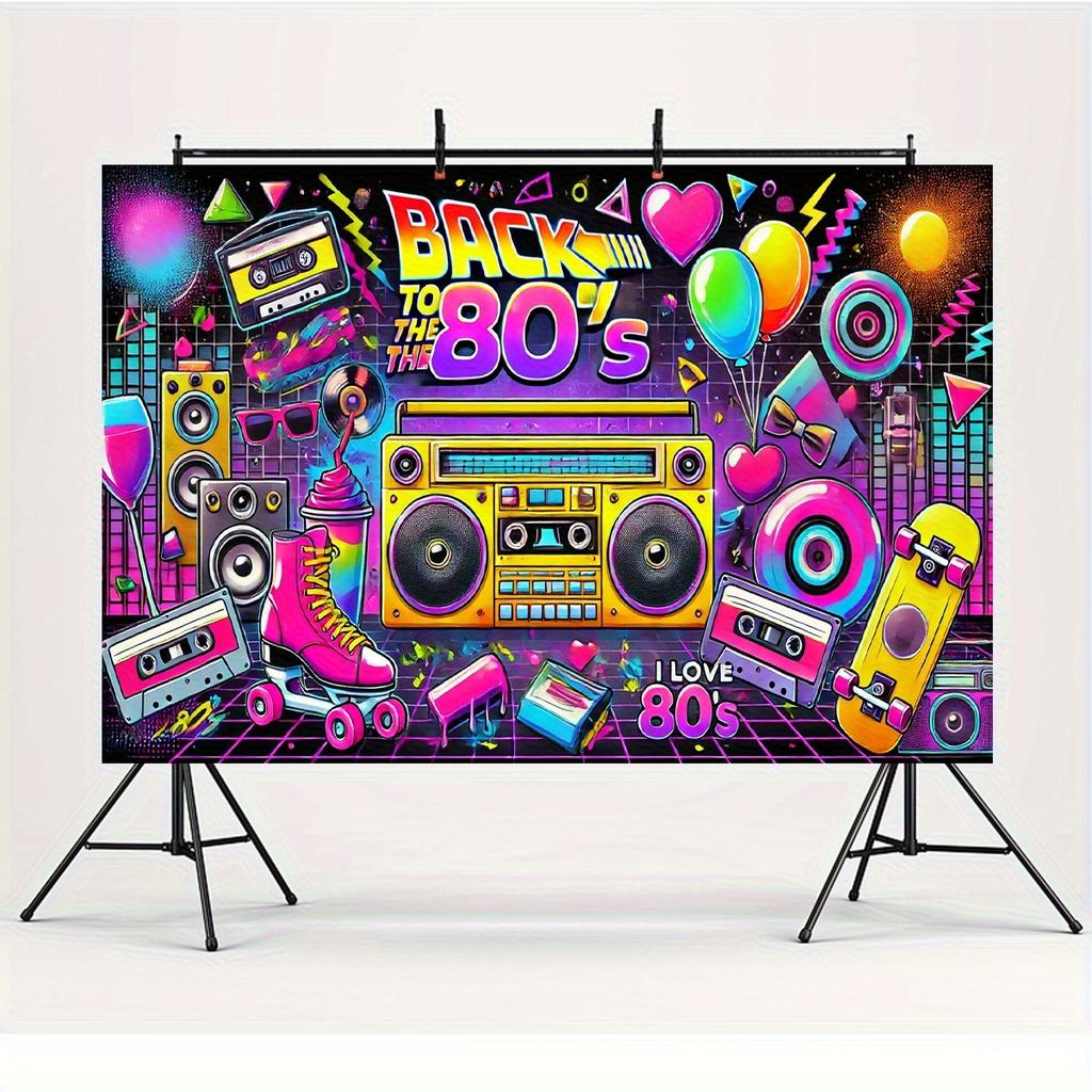 One vintage 1980s-themed birthday backdrop banner made of durable polyester.PMJ
