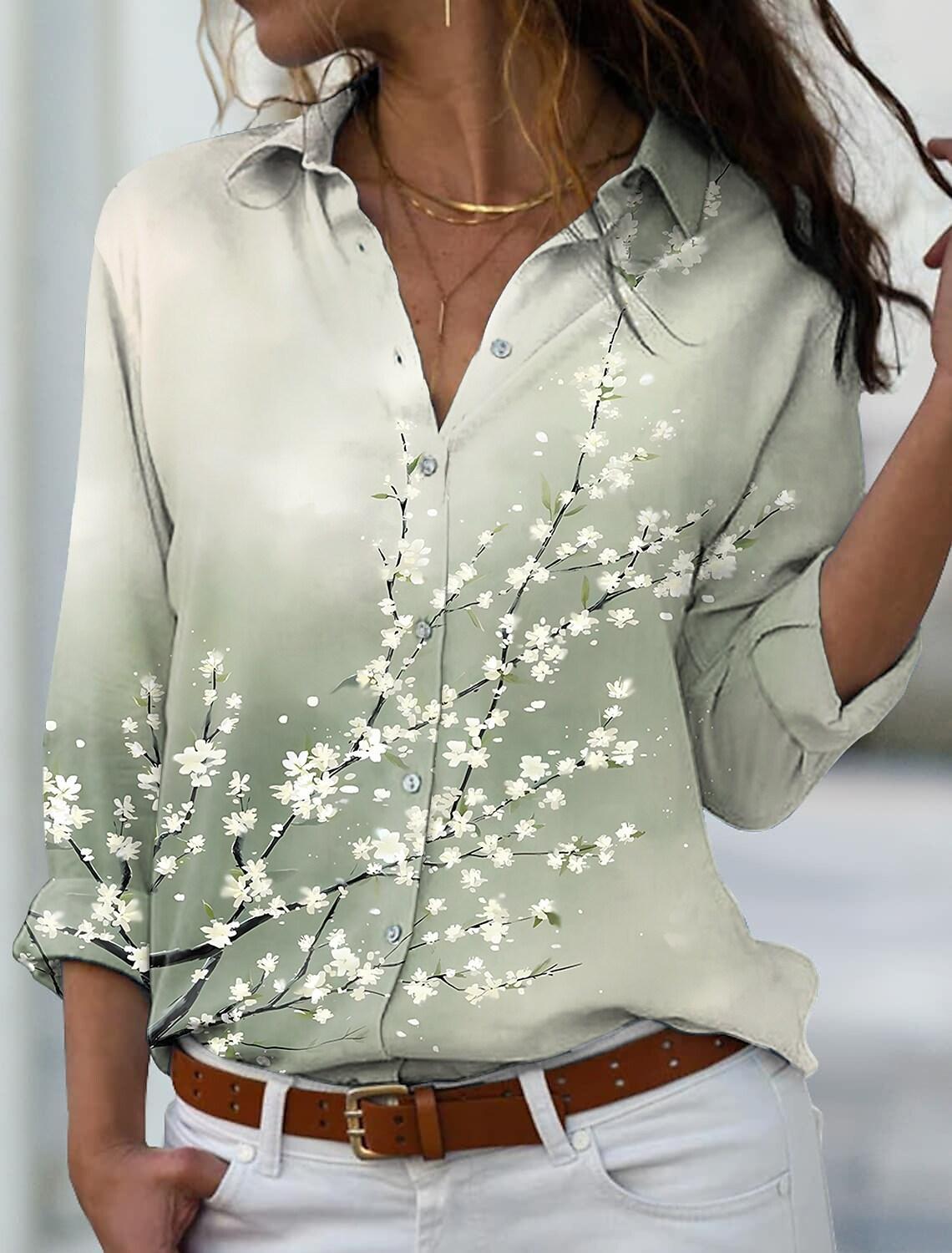 

Модная новая блузка с персиковым принтом больших размеров для женщин, топы с V-образным вырезом и длинным рукавом, офисная свободная рубашка для женщин, винтажные элегантные рубашки с цветочным принтом на пуговицах 24665 5XL светло-зеленый
