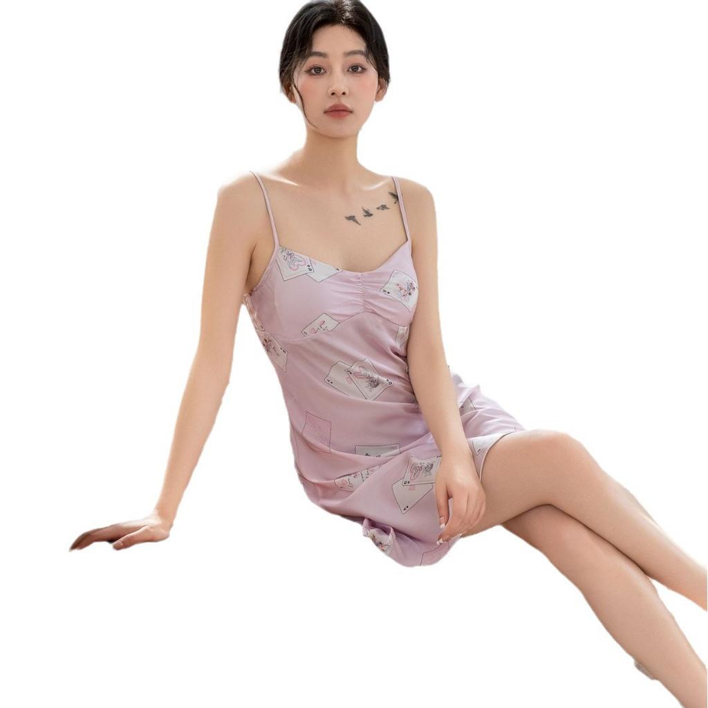 [Crystal Card] Celebrity Dreamy Pink Romantic Home Sexy Ice Silk Spaghetti Strap New Pure Nightdress