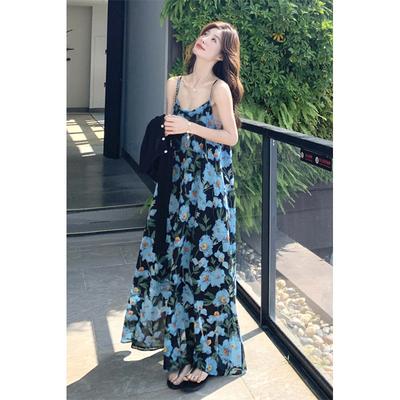 The New Seaside Vacation Dress Has a High Sense of Texture, Blue Color, Sleeveless Suspender Dress, Female Summer.