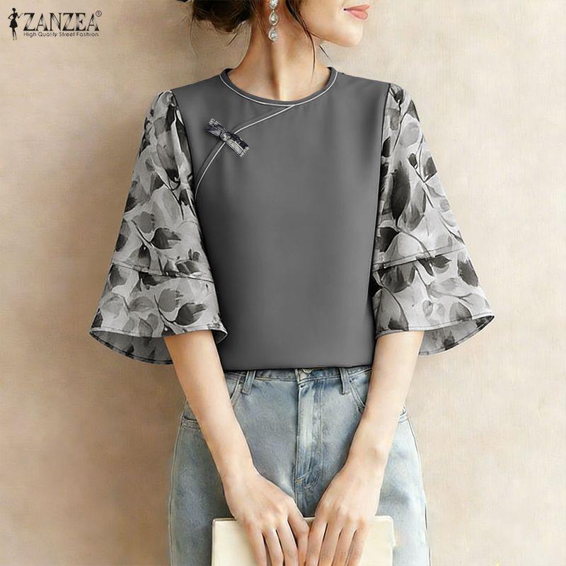ZANZEA Damen Lässige Rundhals 3/4 Ärmel Locker Patchwork Bluse