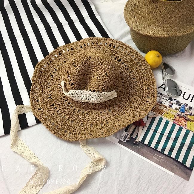 Lace Strap Fisherman Straw Hat Female Summer Eaves Sunshade Travel Straw Folding Beach Sun Hat