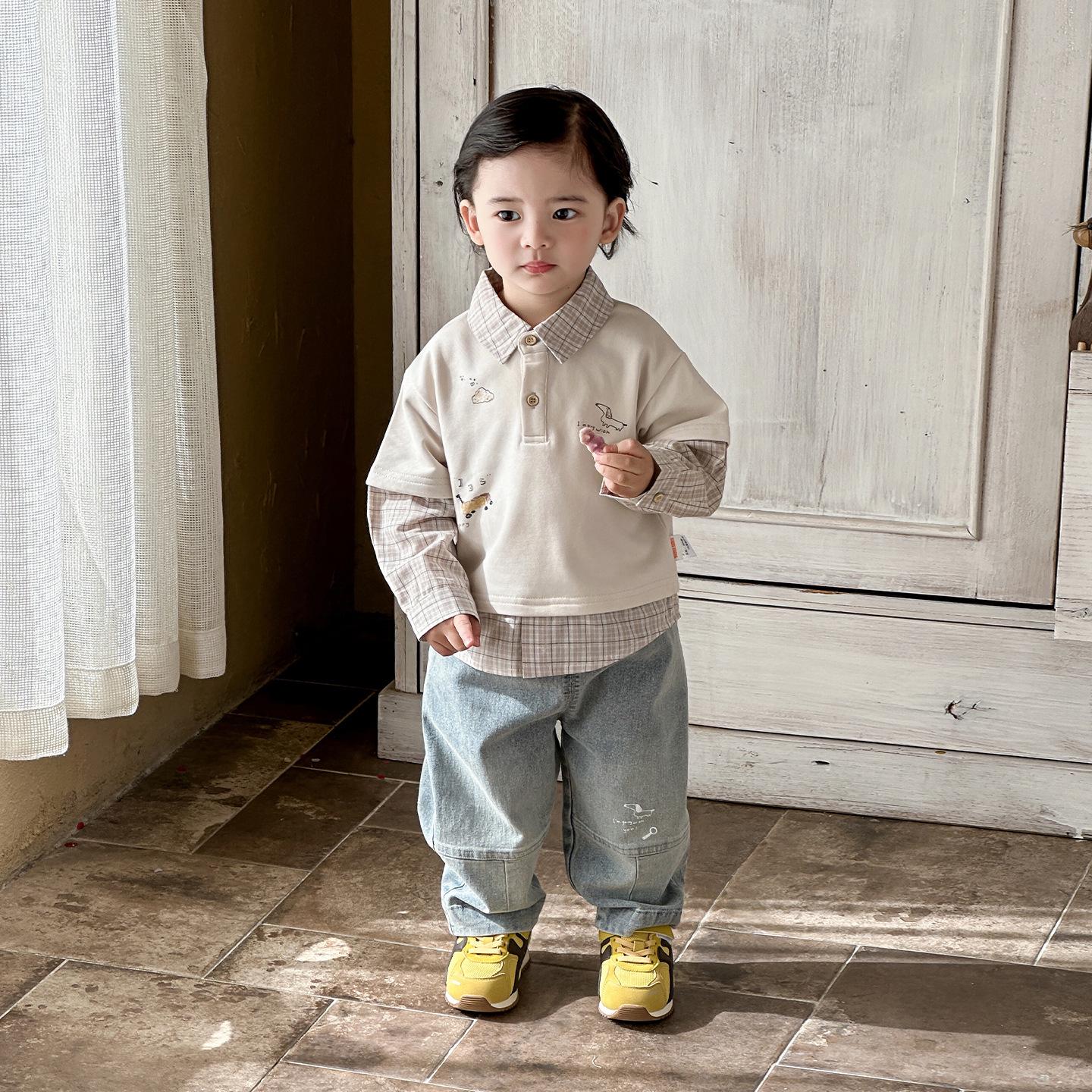 

Spring 2026 Infant Toddler Boy Korean Style Long Sleeve Shirt & Jeans Set 100 cm грязно-белый
